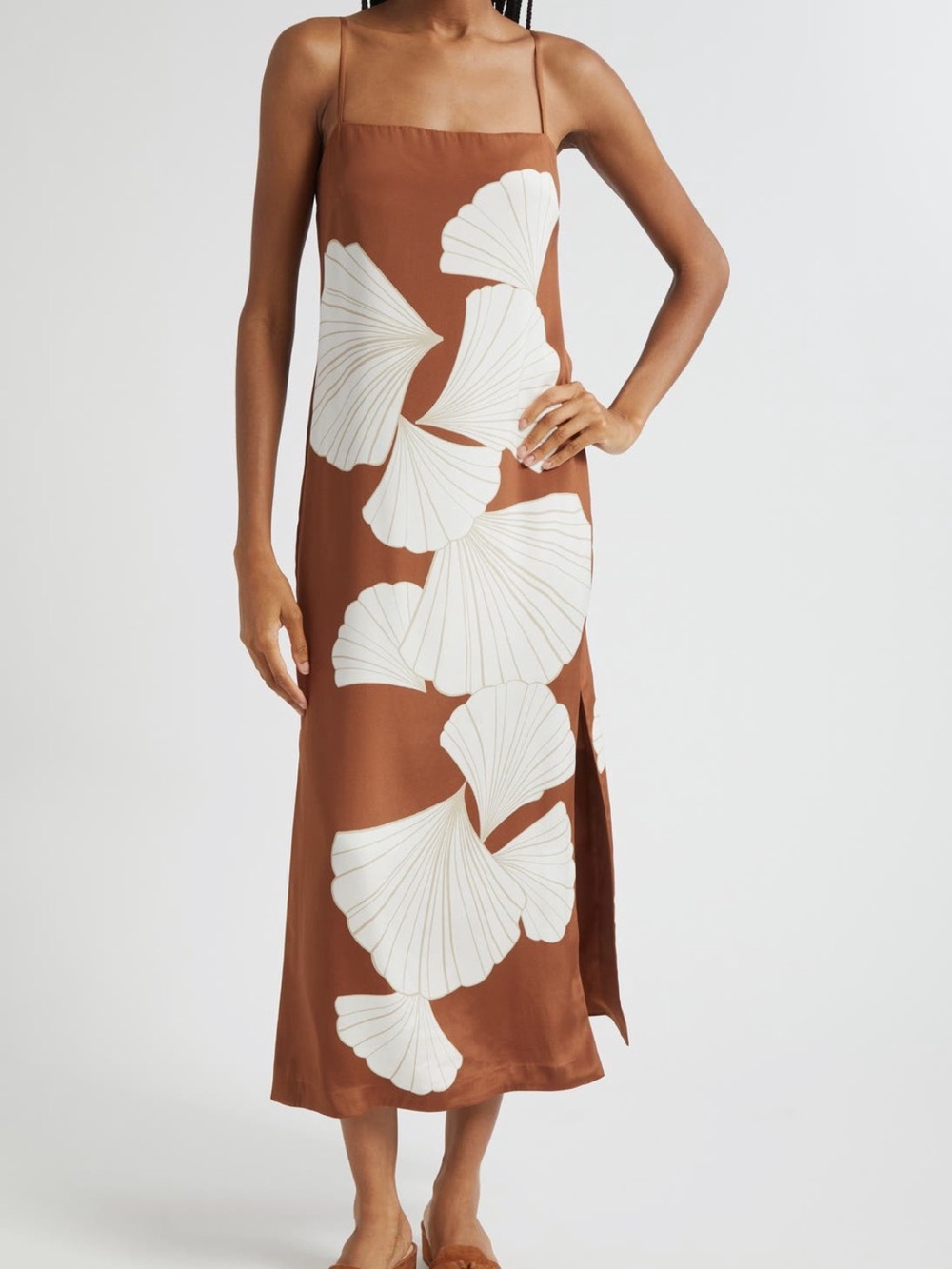 Veronica Beard Petra silk blend satin Brown Slip Midi Dress with White Floral